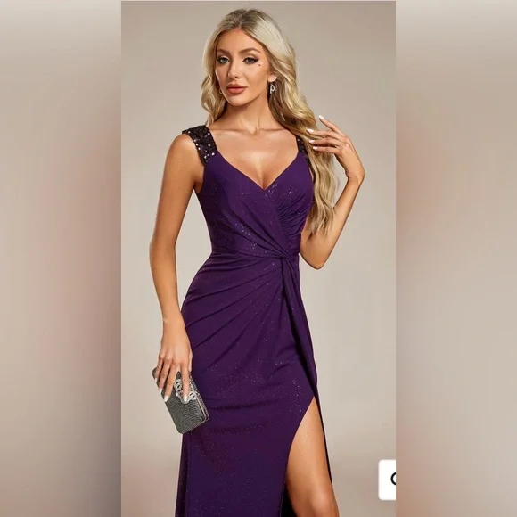 NWT Ever-Pretty Glitter High Slit Sequin Shoulder Strap Evening Dress - Picture 3 of 5